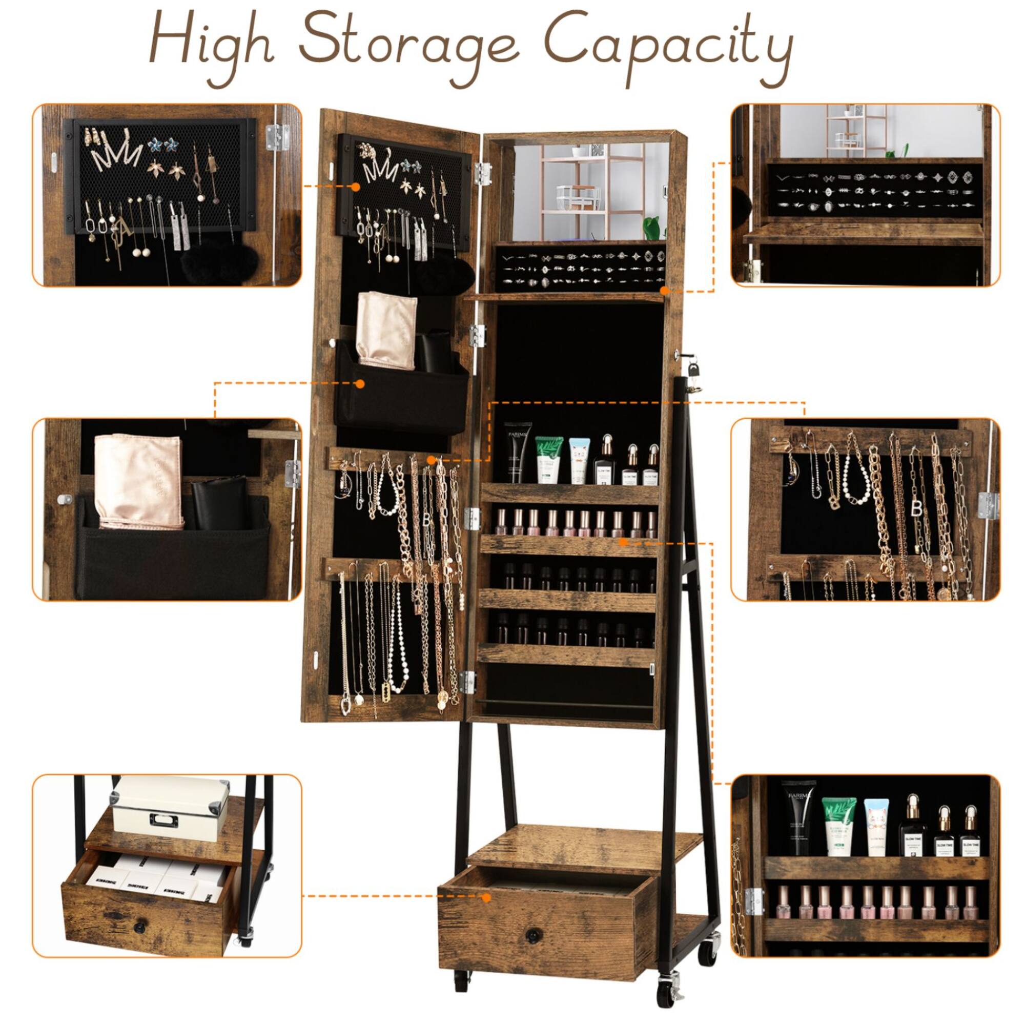 NEX™ 5ft. Burnt Wood Brown Jewelry Armoire on Casters with Chest Drawer